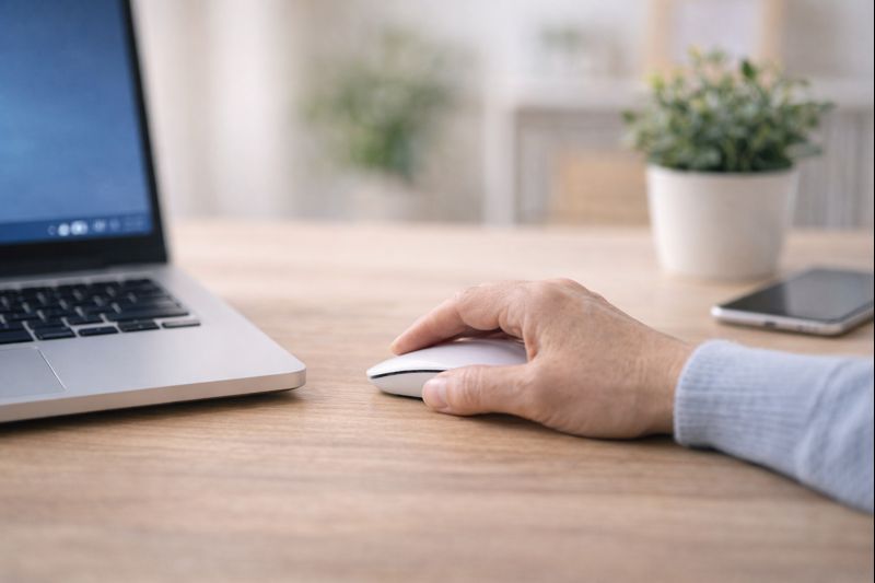 A hand resting on a computer mouse next to a laptop, with a plant and a smartphone visible in the background.