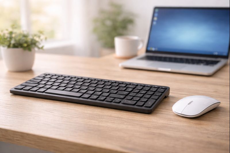A black keyboard and a white mouse placed on a wooden desk, with a laptop and a cup in the background.