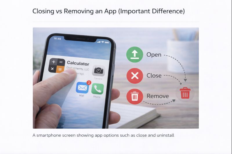 A smartphone screen showing app options such as close and uninstall