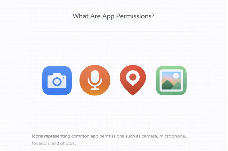Icons representing common app permissions such as camera, microphone, location, and photos.