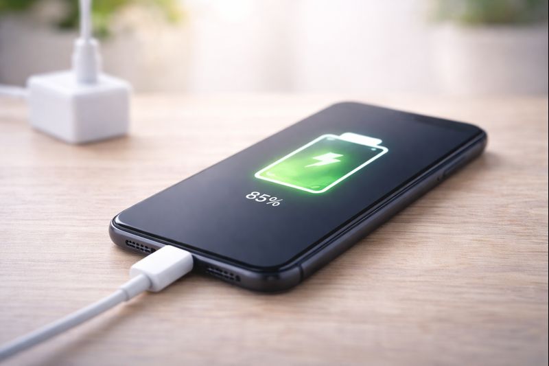 A smartphone charging on a wooden surface, displaying an 85% battery charge and a lightning bolt symbol on the screen.
