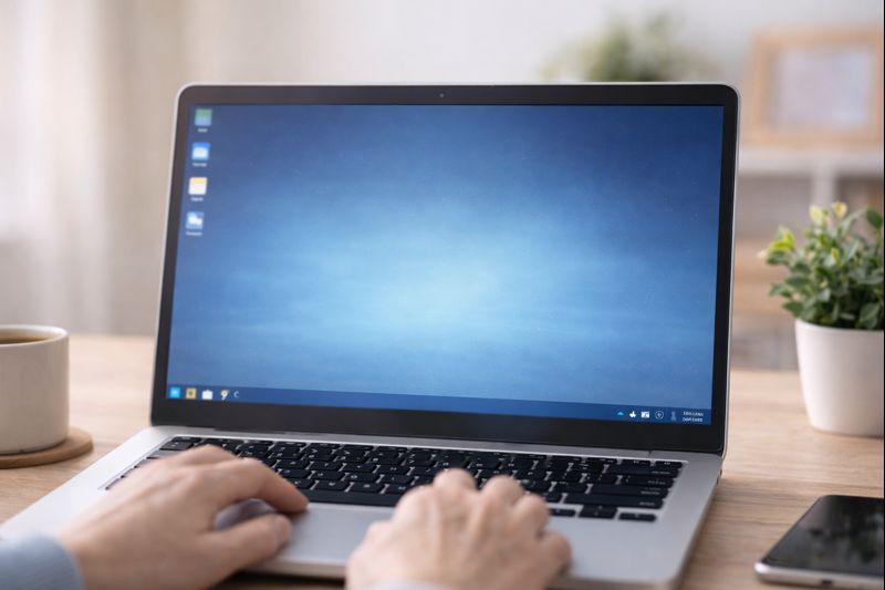 A close-up of a person using a laptop computer on a wooden desk,, Desktop home screen..