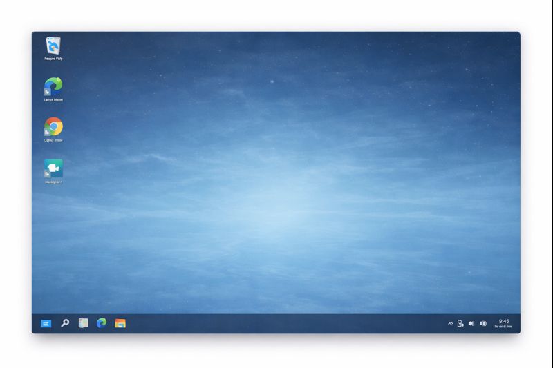 A computer desktop displaying a light blue background with several icons on the left side and a taskbar at the bottom showing the time and system icons.