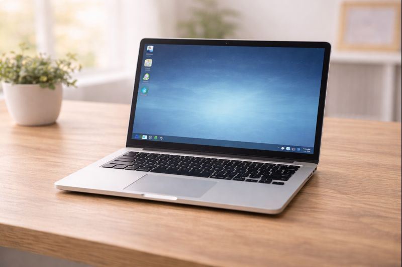 A laptop computer displayed on a wooden desk, showcasing the desktop interface with visible icons on the screen.