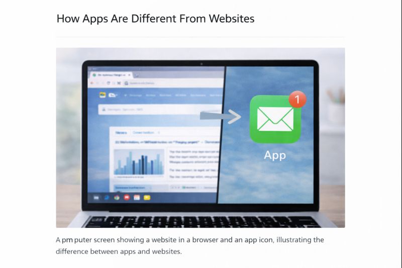 A computer screen showing a website in a browser and an app icon, illustrating the difference between apps and websites.