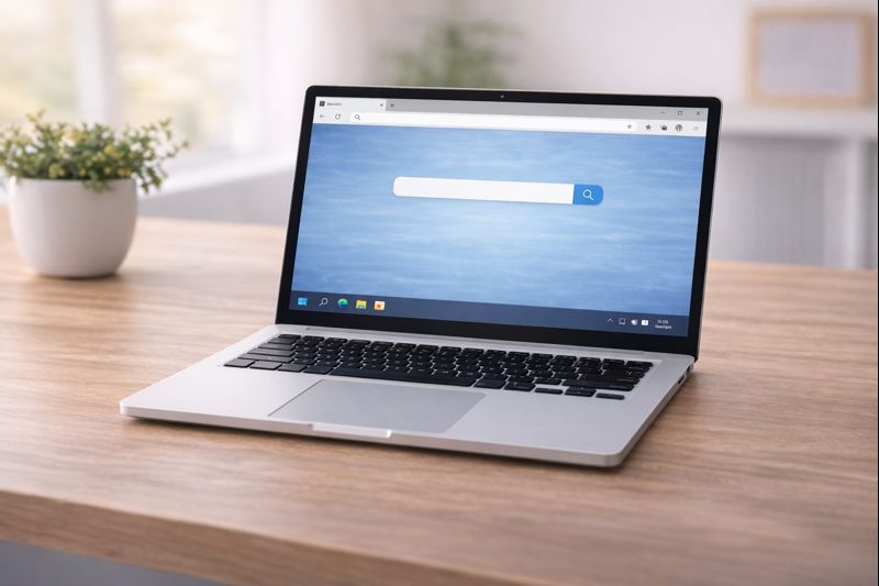 βA laptop on a desk showing an internet search in a web browser.β