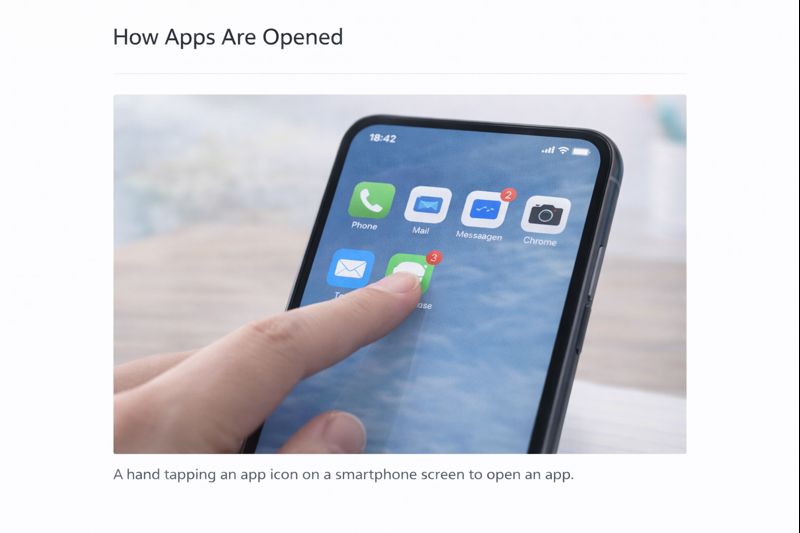 A hand tapping an app icon on a smartphone screen to open an app.
