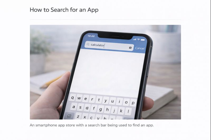 A smartphone app store with a search bar being used to find an app.