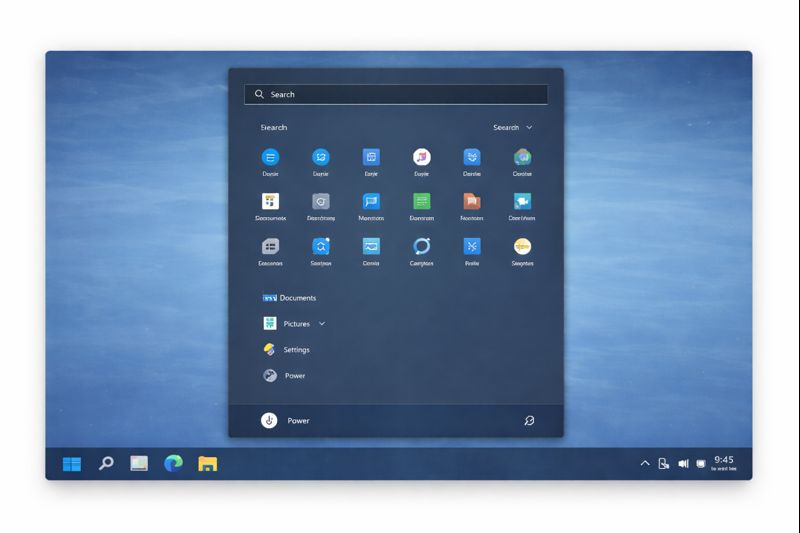 A computer screen displaying the Start menu interface, featuring a search bar at the top and various application icons arranged in a grid format, with a taskbar visible at the bottom showing time and system icons.