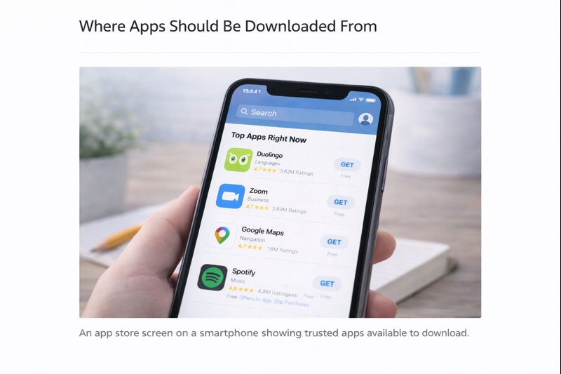 An app store screen on a smartphone showing trusted apps available to download.