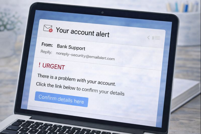 A fake email on a laptop screen pretending to be from a bank and asking for urgent action.