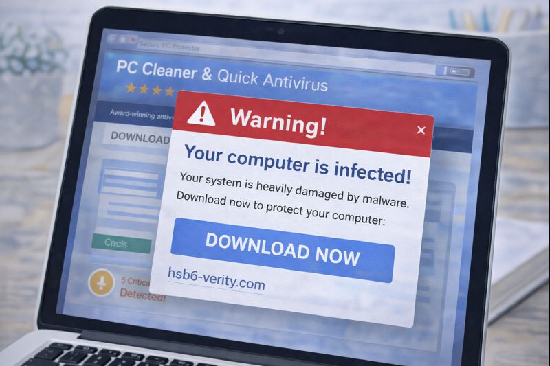 A fake warning message on a computer screen claiming the device is infected.”