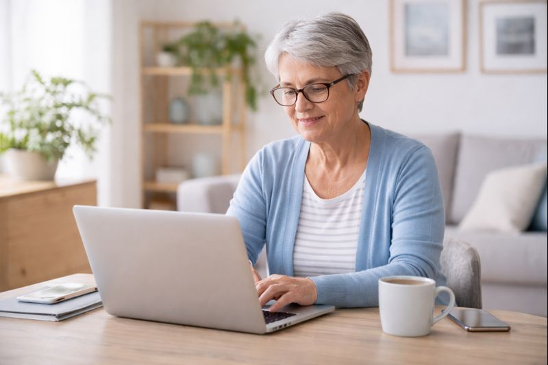 A person using a computer at home while keeping personal information private
