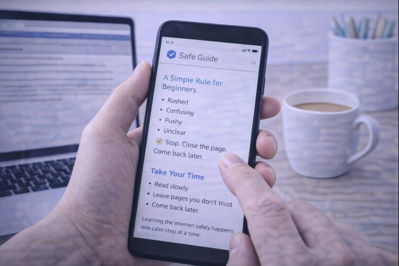 “A person calmly reading a website on a smartphone and choosing to stop and come back later.”