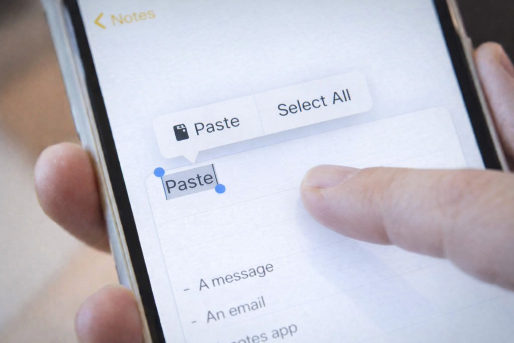 A smartphone screen showing the Paste option after touching and holding an empty text box.