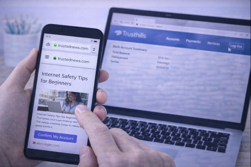 A person using a phone and laptop to visit trusted websites with a secure connection.