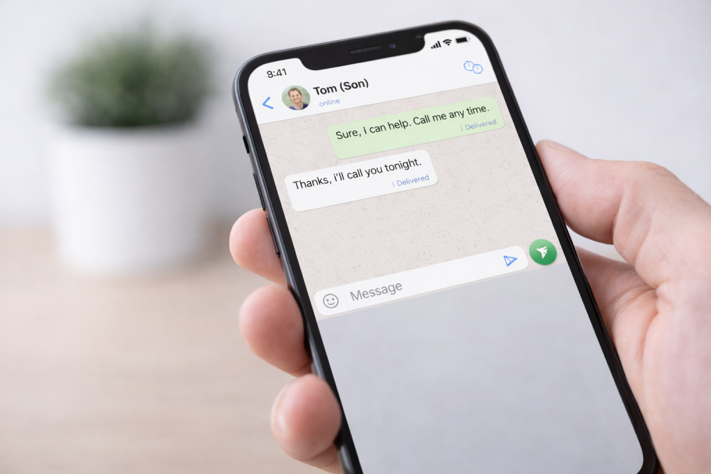 A smartphone showing an open WhatsApp conversation with messages visible on the screen.