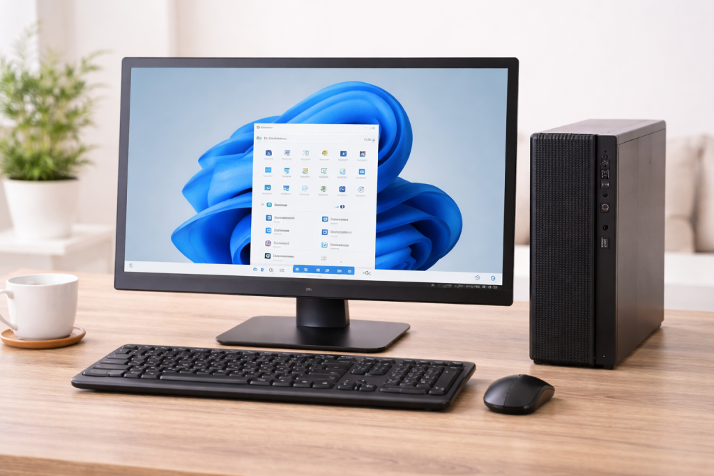 desktop personal computer setup with monitor keyboard and mouse