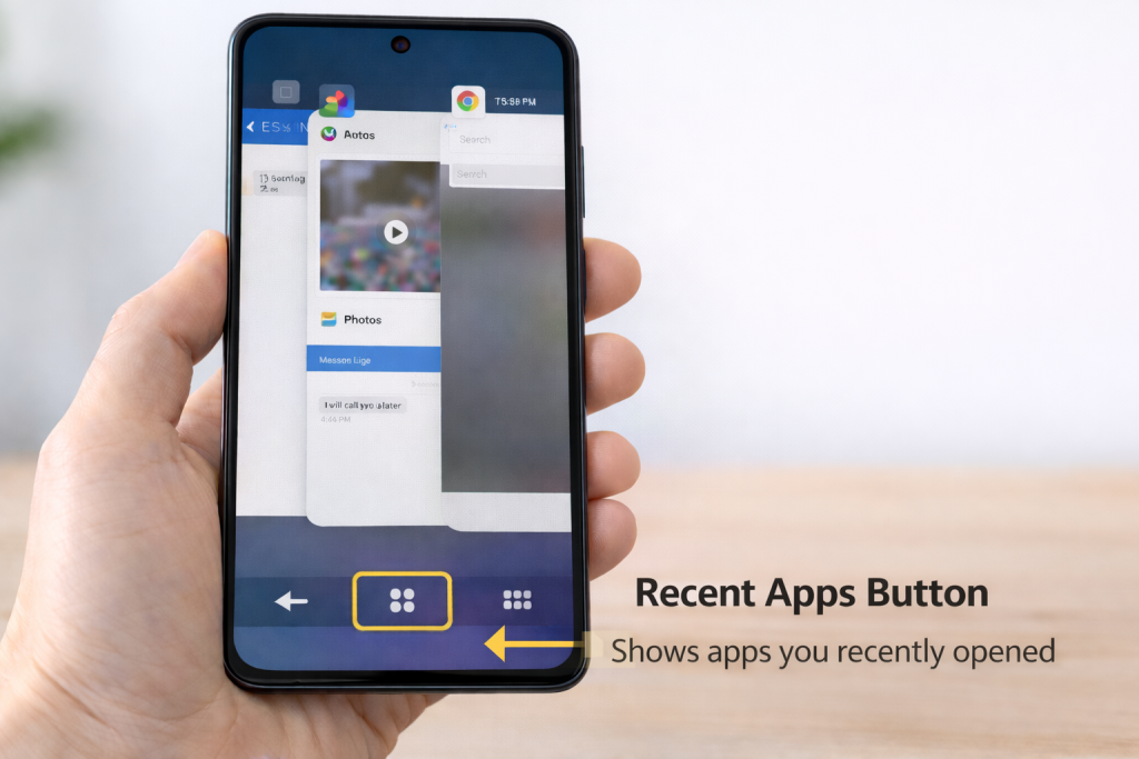 Samsung smartphone recent apps button showing recently opened apps on the screen