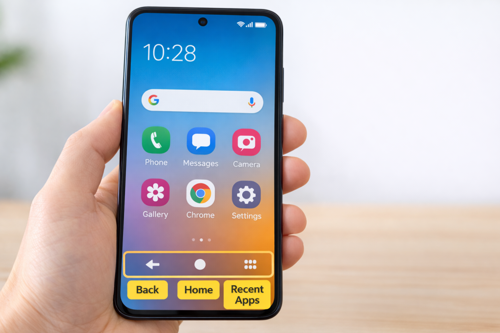 Samsung smartphone screen showing the home, back, and recent apps navigation buttons