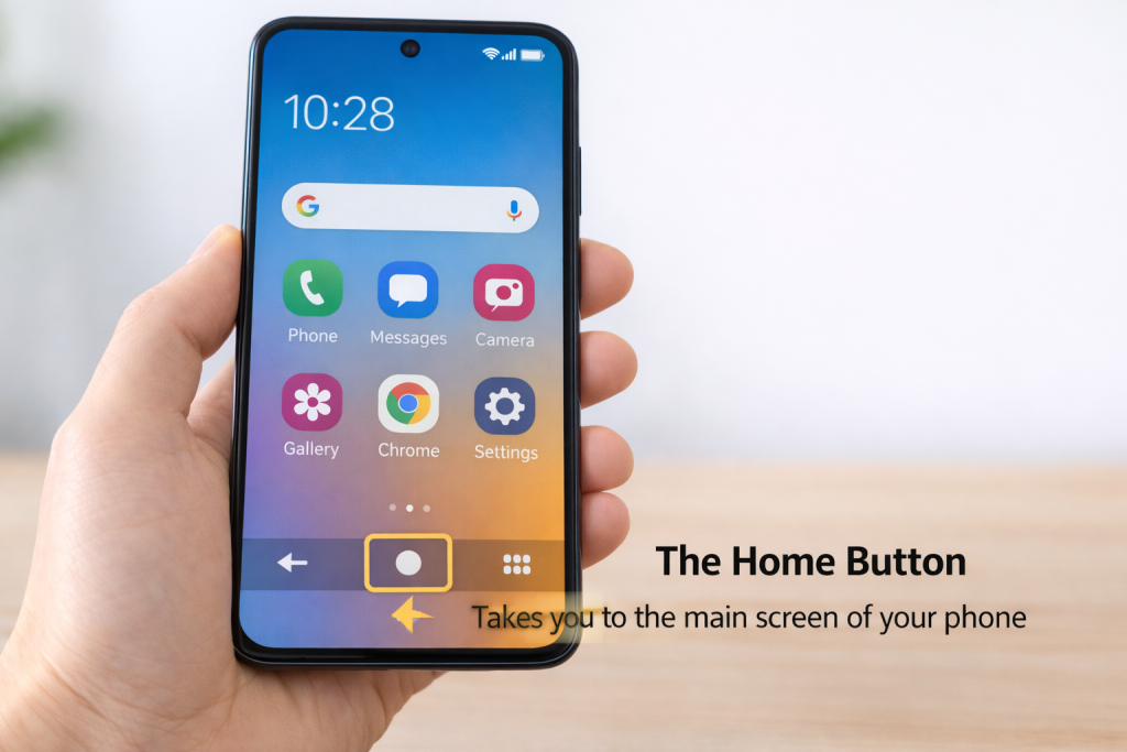 Samsung phone home button highlighted on the navigation bar returning to the main home screen