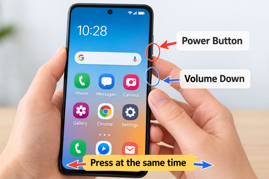 pressing power and volume down buttons to take a screenshot on an Android phone