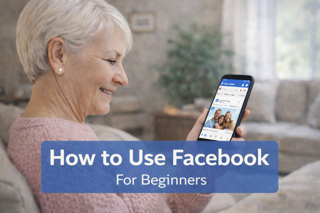 A friendly older adult using Facebook on a smartphone or tablet at home.