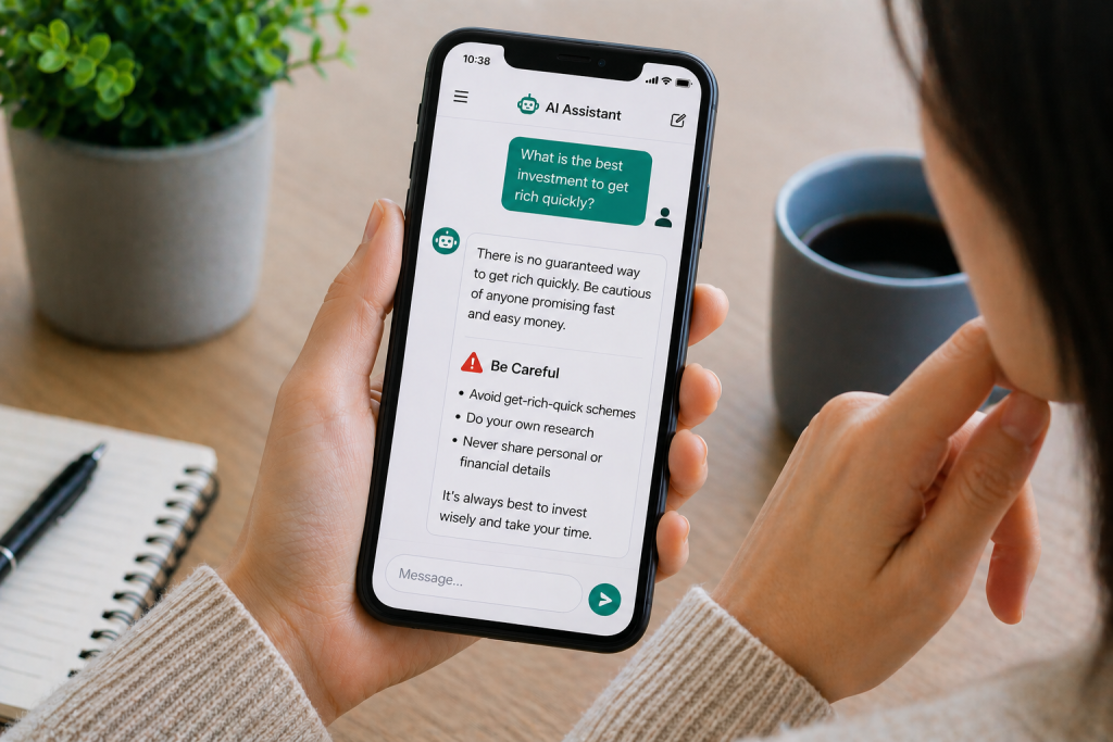 person looking unsure while reading AI response on phone