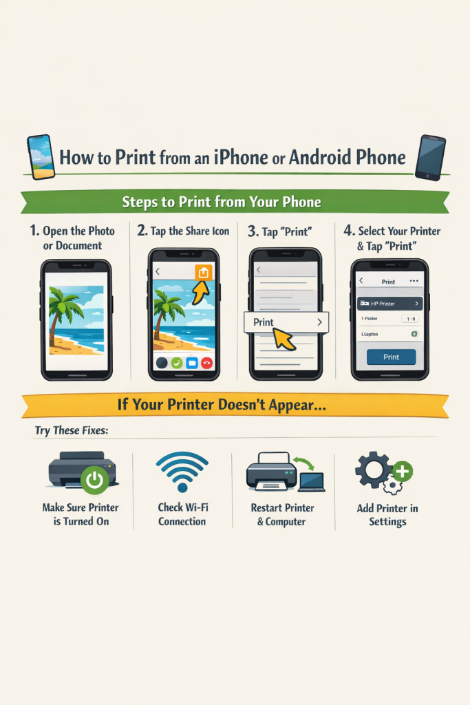Step-by-step illustration showing how to print from an iPhone or Android phone, including opening a document, tapping Share, choosing Print, selecting a printer, and troubleshooting if the printer does not appear.