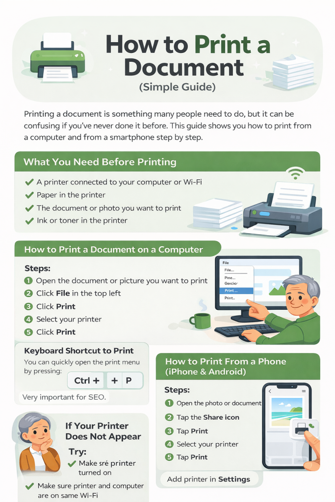 Illustrated guide titled “How to Print a Document” showing a printer, computer printing steps, phone printing steps, and basic troubleshooting tips for beginners.