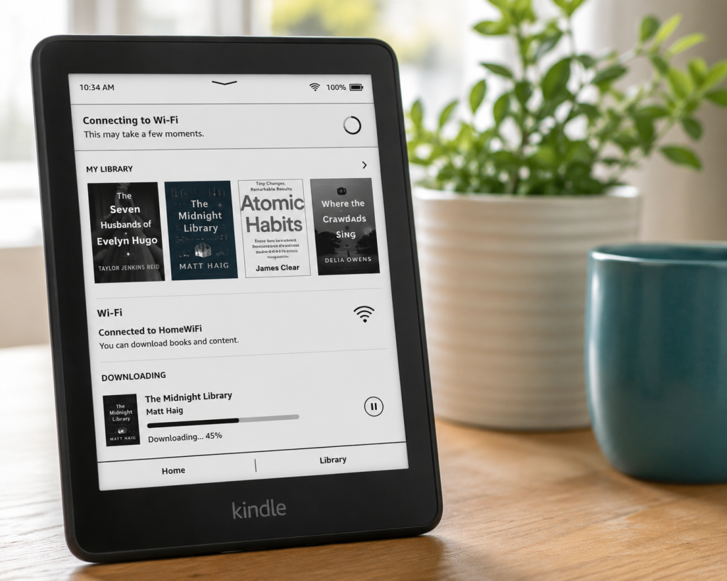  Kindle connected to WiFi downloading books