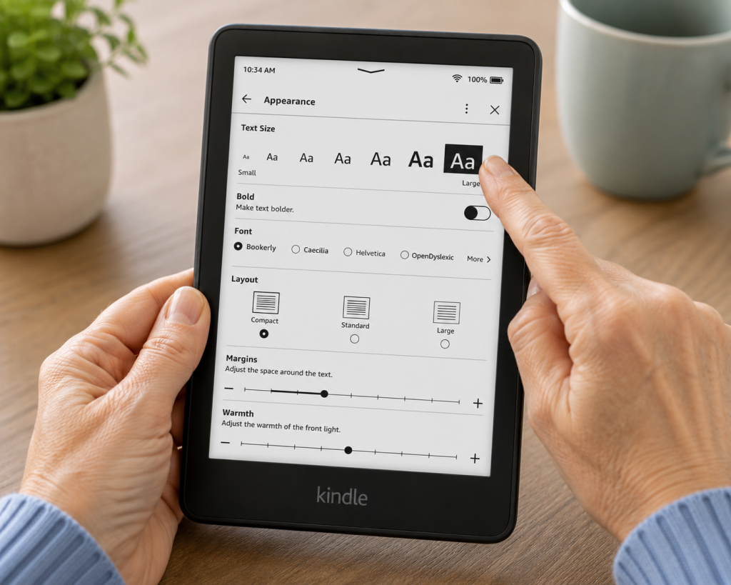 adjusting large text size settings on a Kindle screen