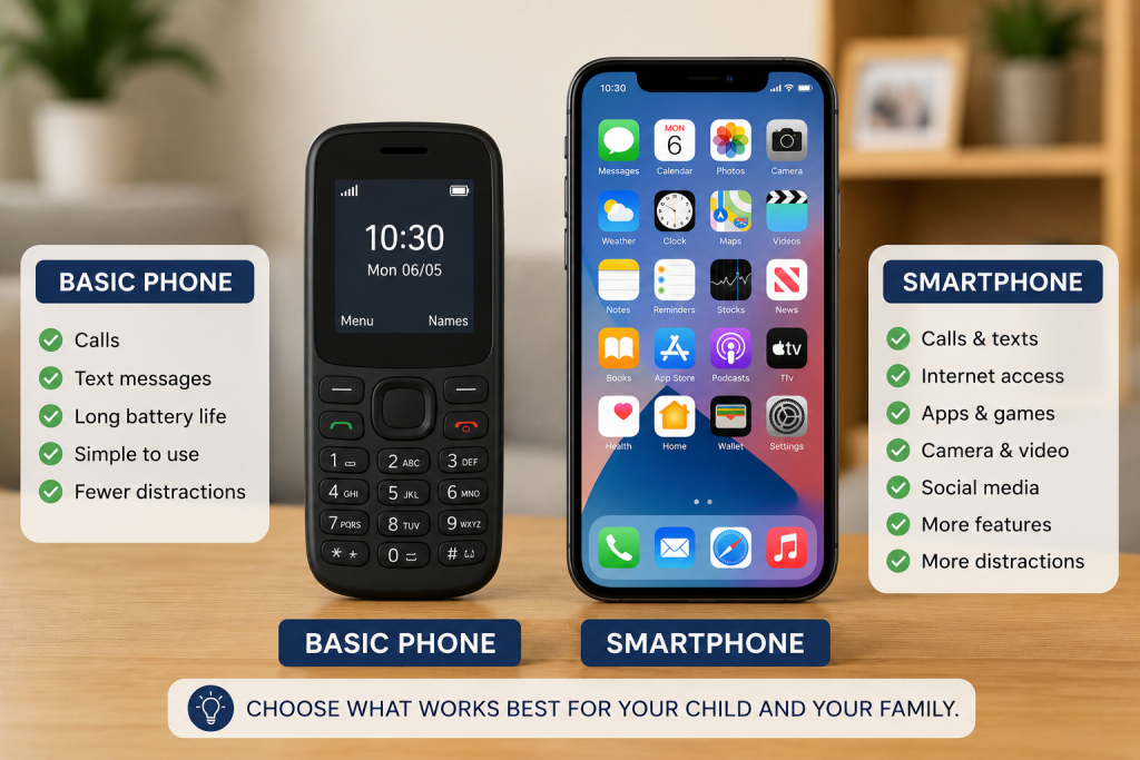 basic mobile phone beside modern smartphone for family comparison