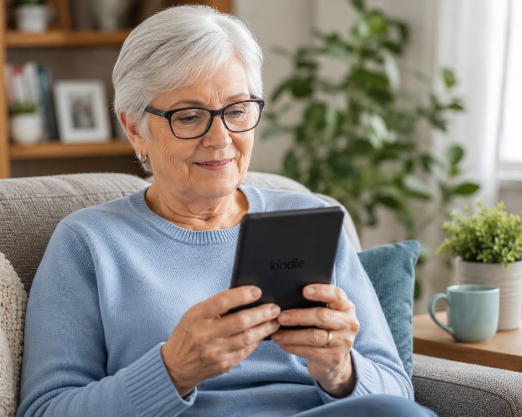 beginner holding a Kindle e-reader while reading at home