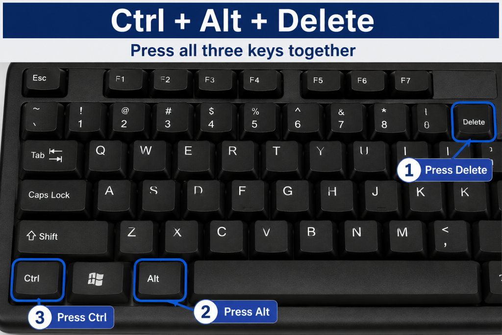 computer keyboard showing Ctrl Alt Delete shortcut