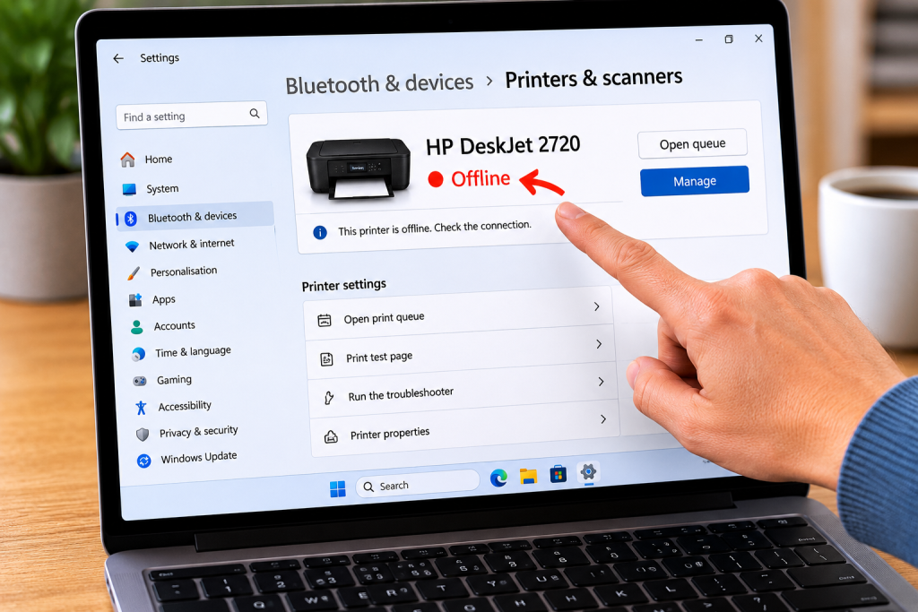 computer screen showing printer offline warning