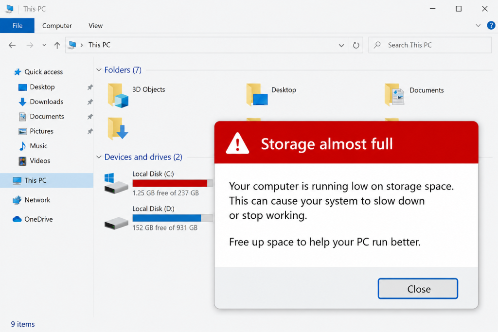 computer storage warning on screen
