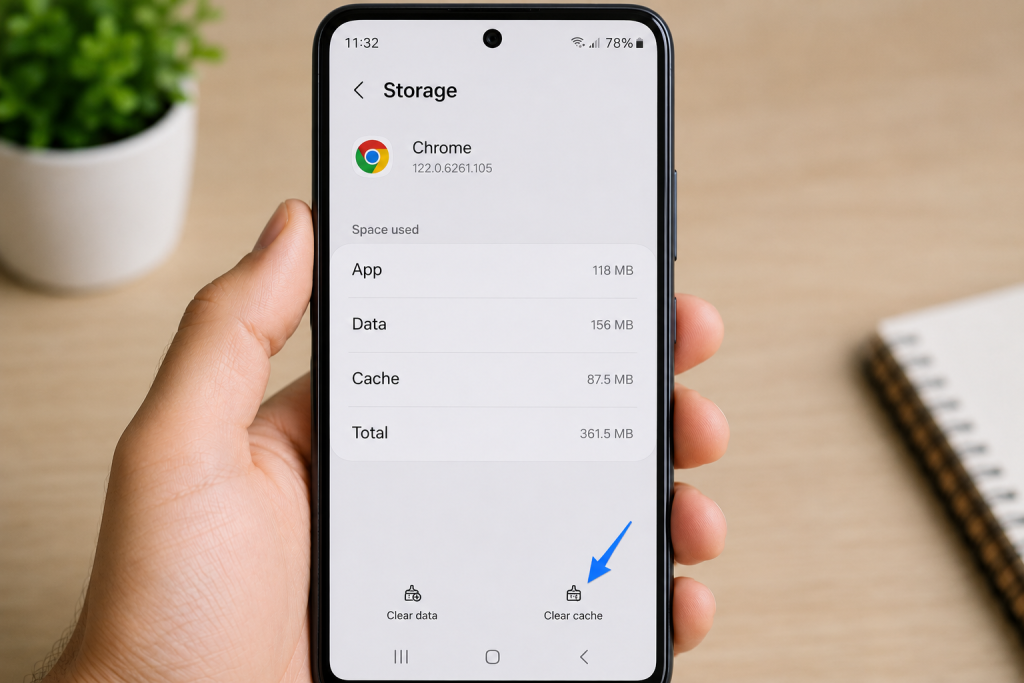 clearing app cache on smartphone settings screen
