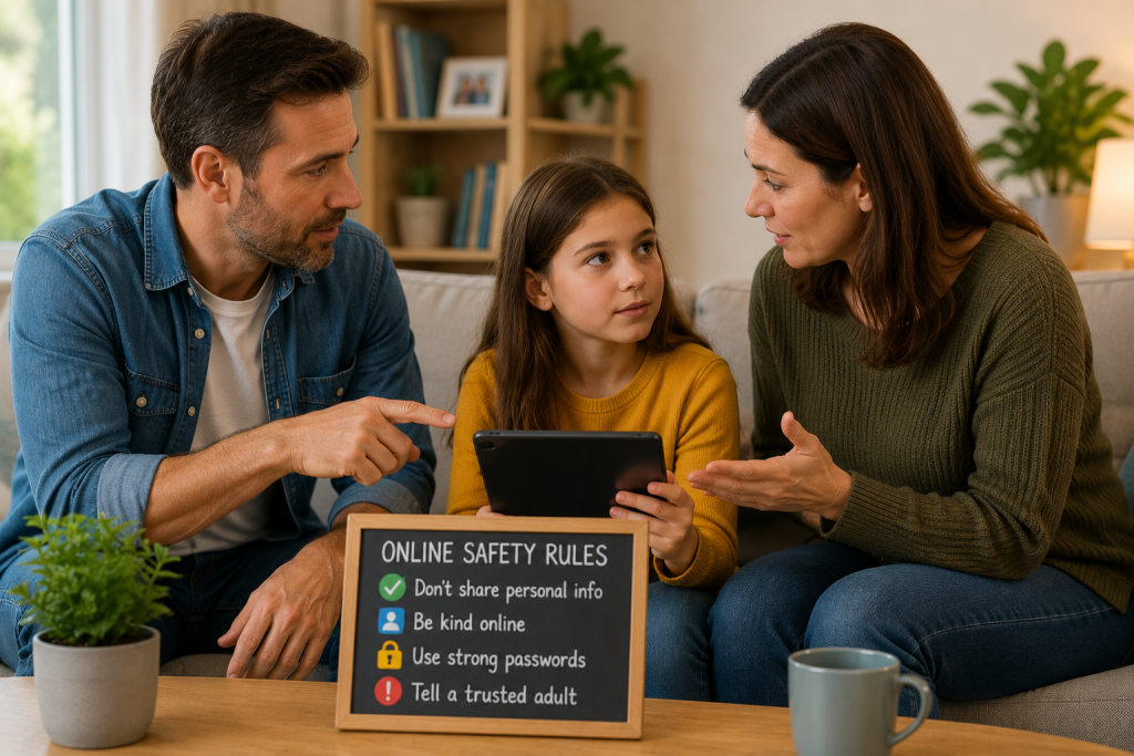 family discussing internet safety together