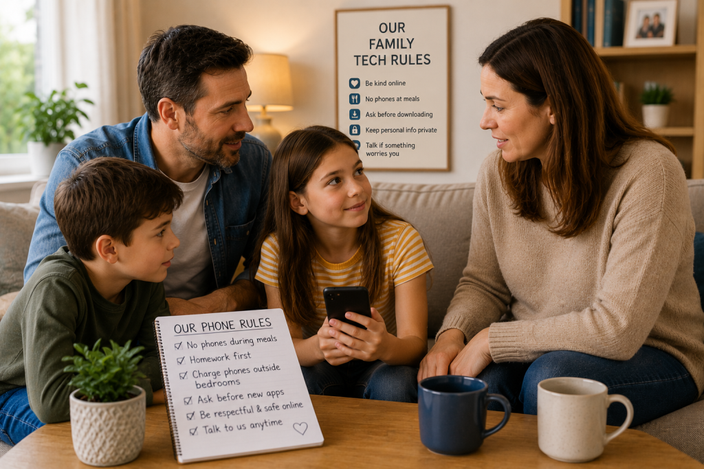 family discussing online safety and device rules together