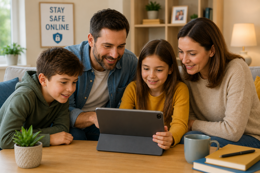 family using technology safely together at home