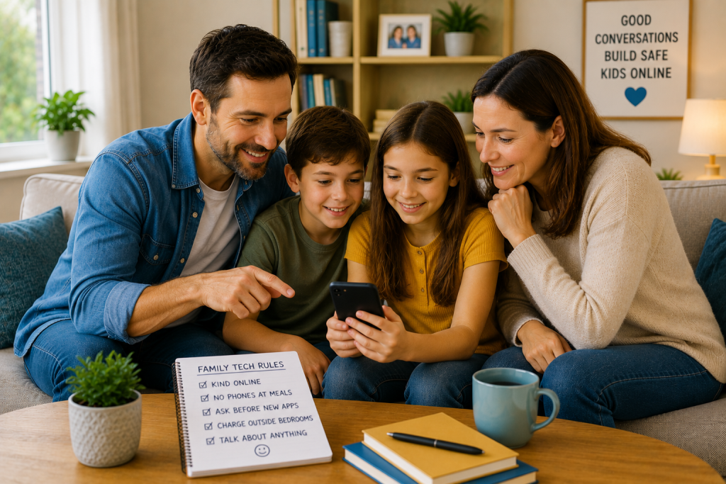 family using technology together in living room