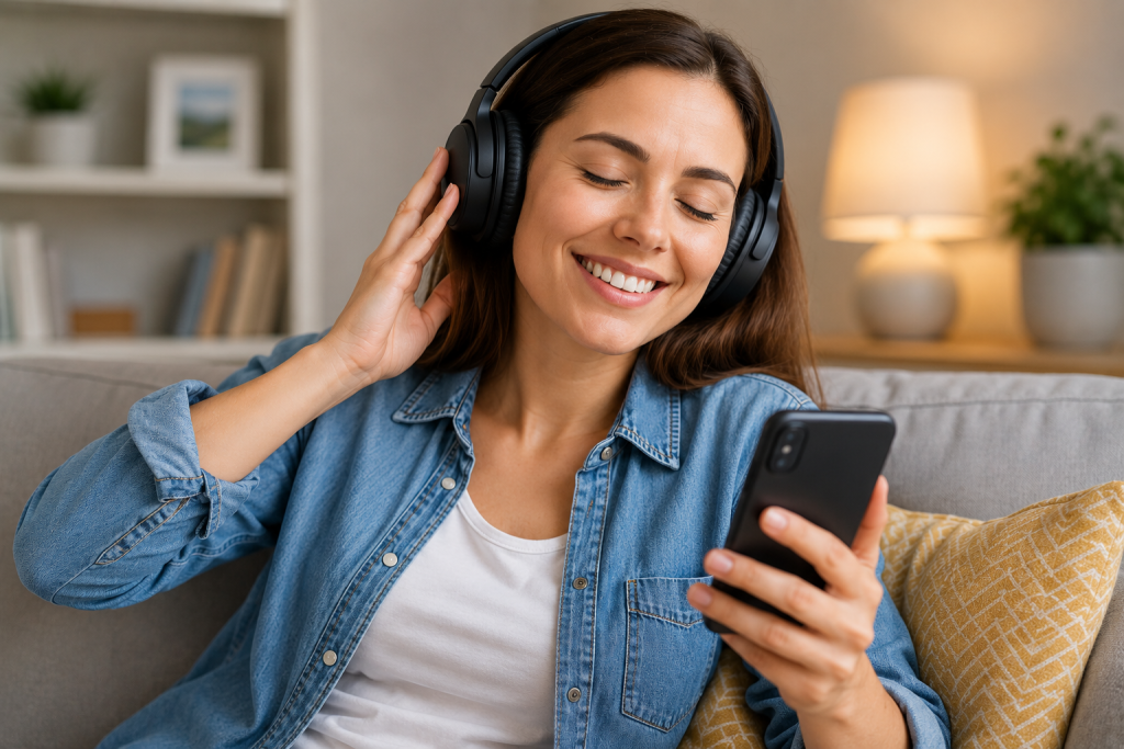 happy person listening to music through successfully connected Bluetooth headphones
