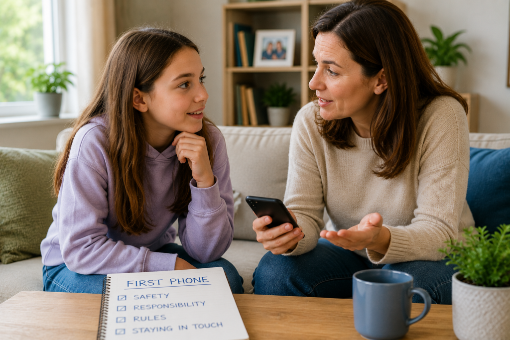 parent and child discussing first smartphone at home