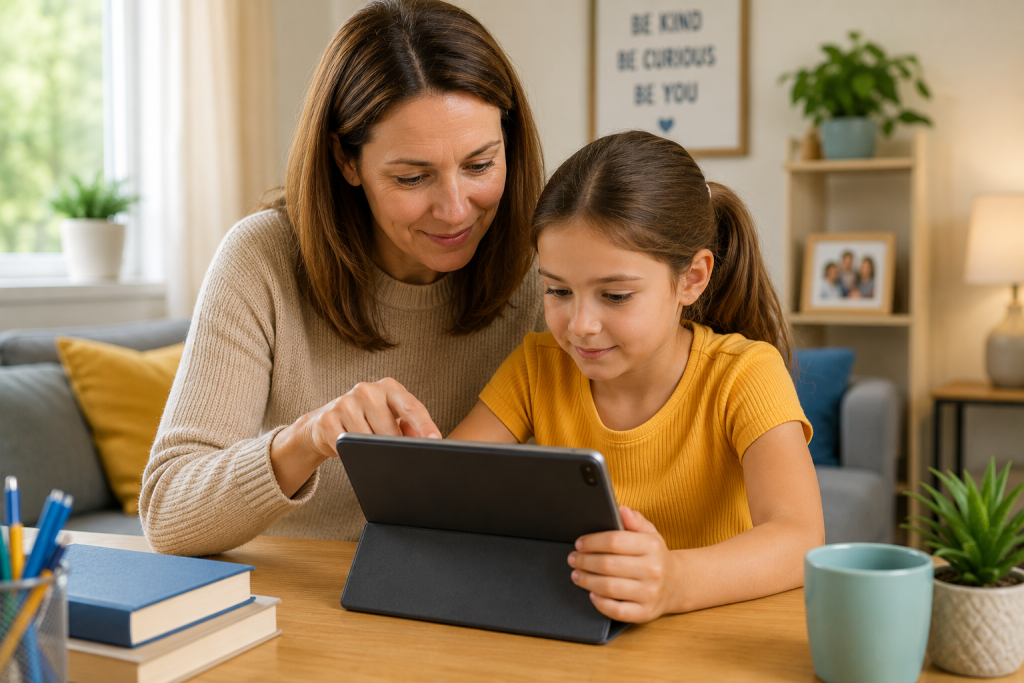 parent helping child safely use tablet at home