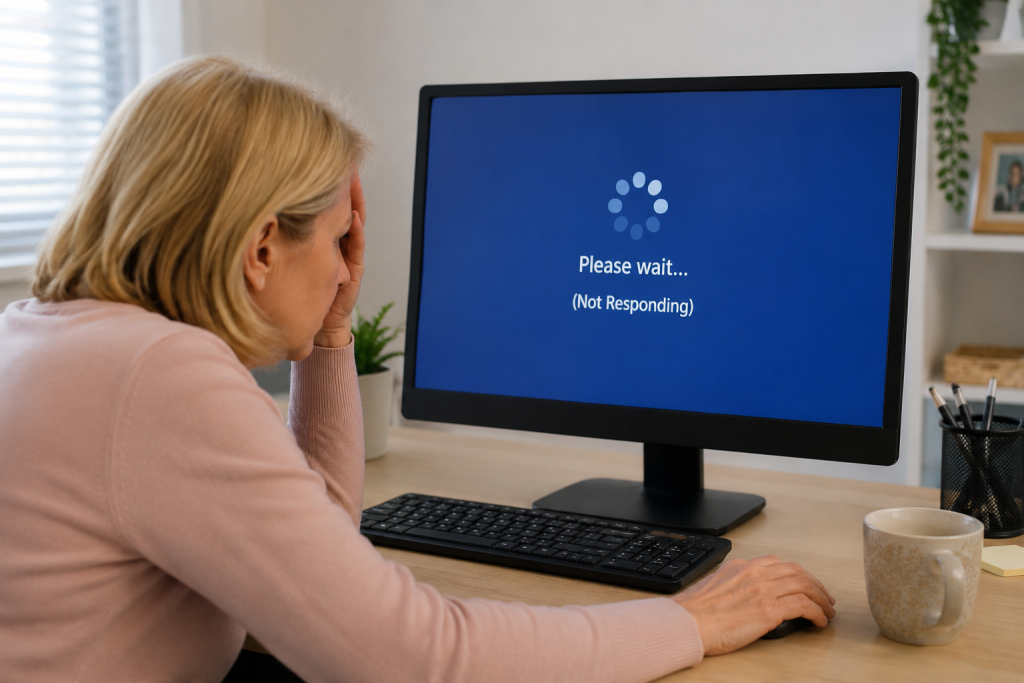 person looking at frozen computer screen at home