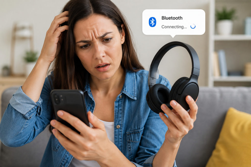 person looking confused while trying to connect Bluetooth headphones to smartphone