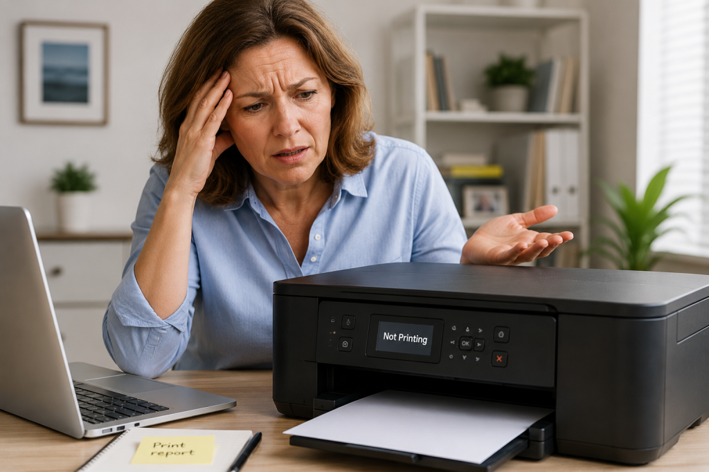 person looking frustrated at printer not printing
