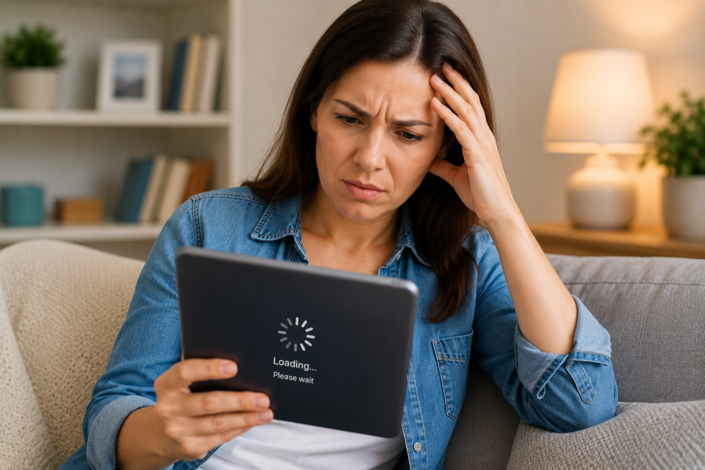person looking frustrated while waiting for slow tablet to respond