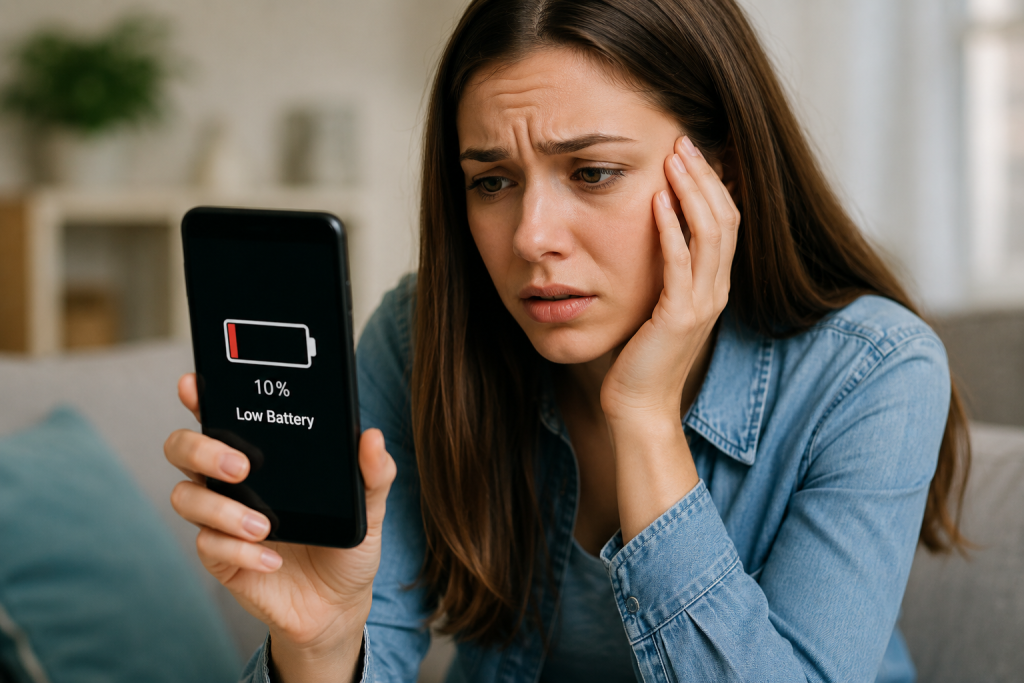 person looking worried at low smartphone battery